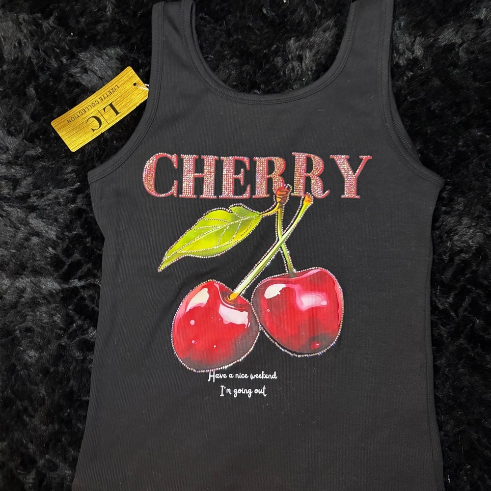 Black Cherry Graphic Tank Top with Rhinestones